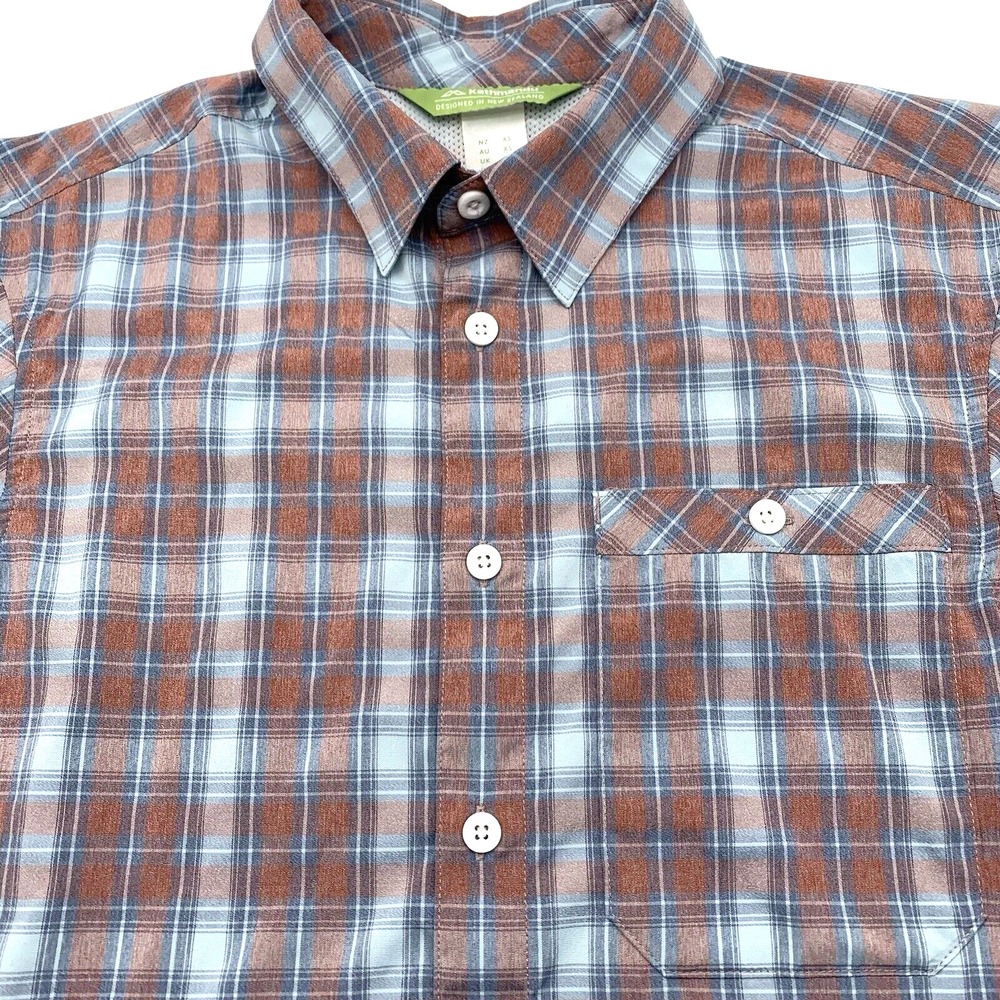 Kathmandu Plaid Shirt Mens XS Blue Rust Short Sleeve Technical Stretch Hiking